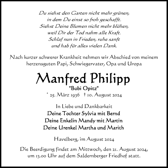 Traueranzeige von Manfred Philipp von Volksstimme Altmark Ost
