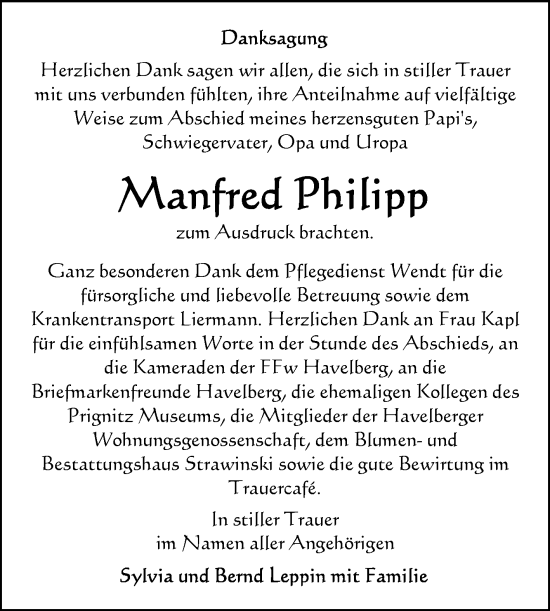 Traueranzeige von Manfred Philipp von Volksstimme Altmark Ost