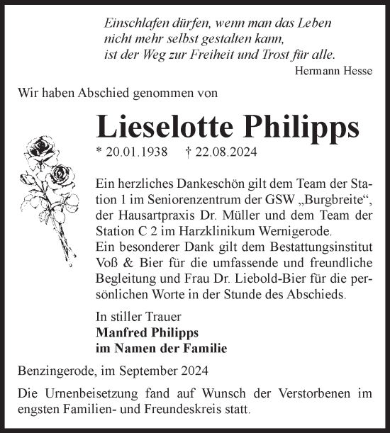 Traueranzeige von Manfred Philipps von Volksstimme Wernigerode