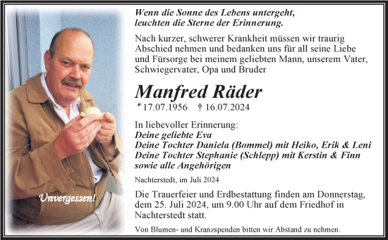 Traueranzeige von Manfred Räder von Trauerkombi Aschersleben