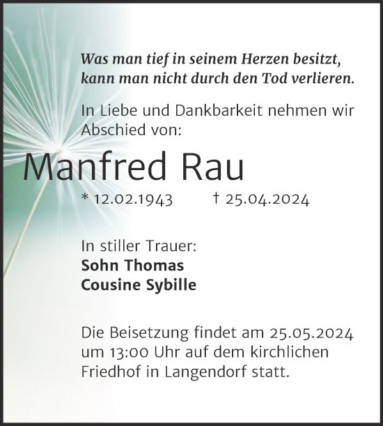 Traueranzeige von Manfred Rau von Trauerkombi Weißenfels