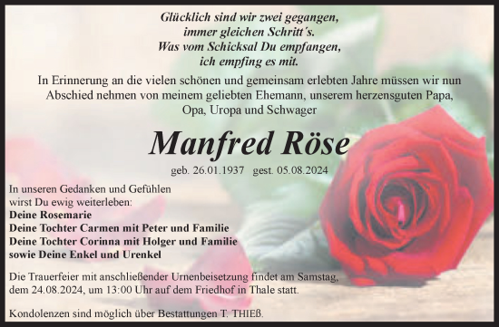 Traueranzeige von Manfred Röse von Trauerkombi Quedlinburg