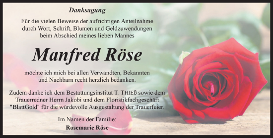 Traueranzeige von Manfred Röse von Trauerkombi Quedlinburg