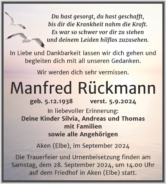 Traueranzeige von Manfred Rückmann von Trauerkombi Köthen