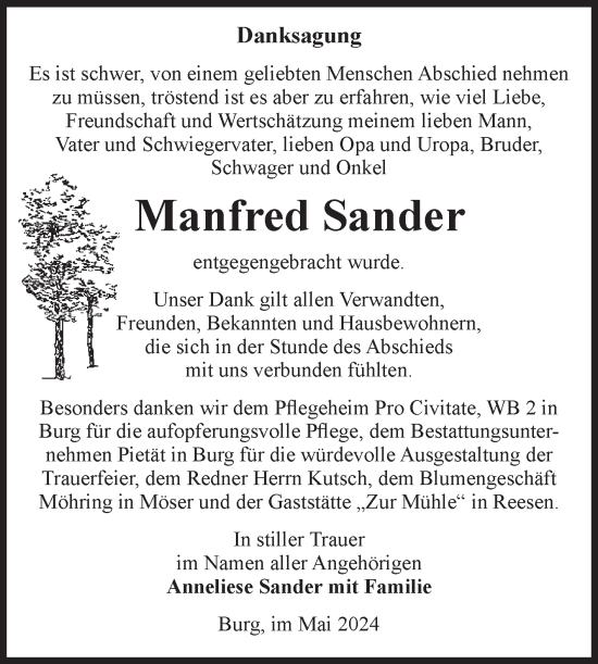 Traueranzeige von Manfred Sander von Volksstimme Burg/Genthin