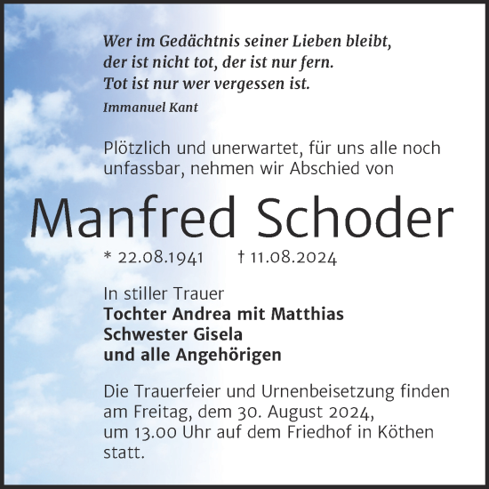 Traueranzeige von Manfred Schoder von Trauerkombi Köthen