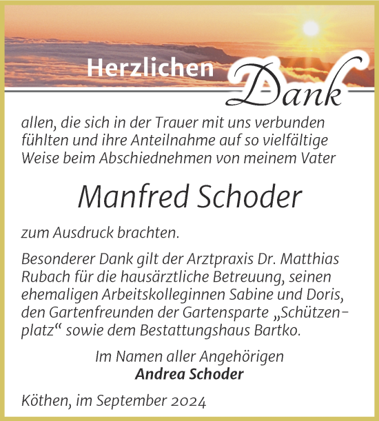 Traueranzeige von Manfred Schoder von Trauerkombi Köthen