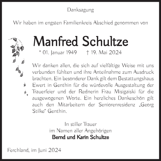 Traueranzeige von Manfred Schultze von Volksstimme Burg/Genthin