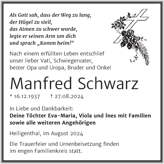 Traueranzeige von Manfred Schwarz von Trauerkombi Mansfelder Land