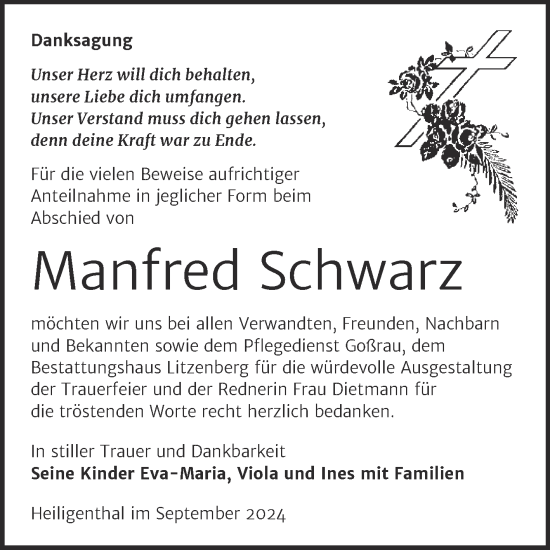 Traueranzeige von Manfred Schwarz von Trauerkombi Mansfelder Land