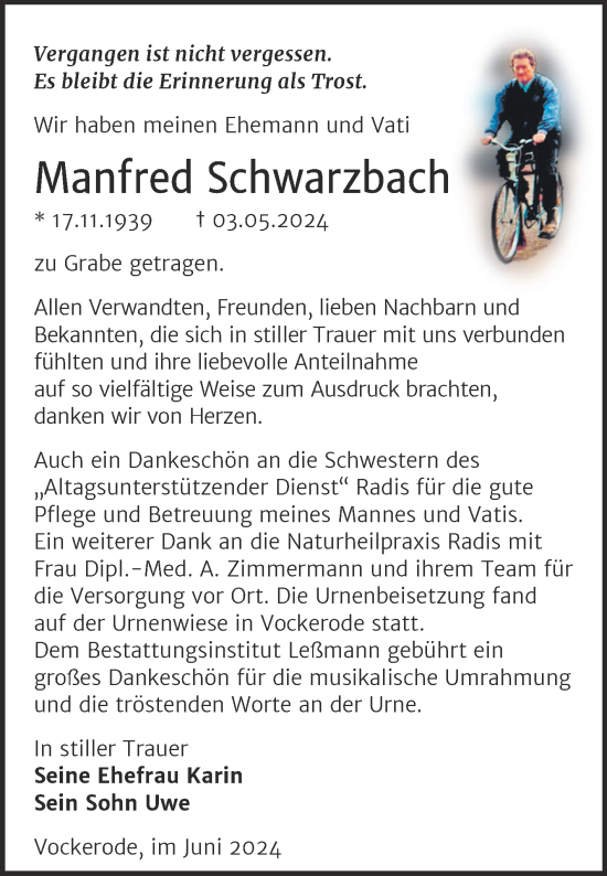 Traueranzeige von Manfred Schwarzbach von Trauerkombi Wittenberg