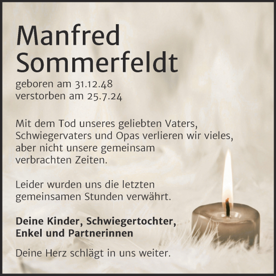 Traueranzeige von Manfred Sommerfeld von Trauerkombi Quedlinburg