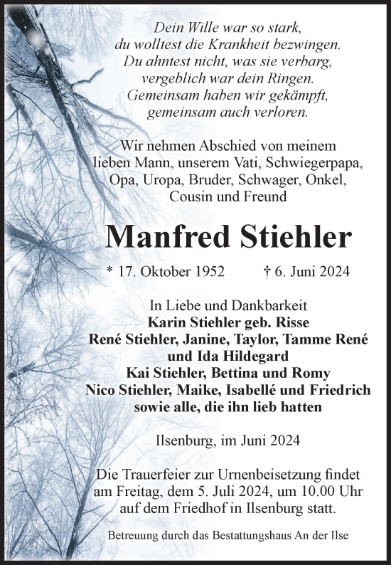 Traueranzeige von Manfred Stiehler von Volksstimme Wernigerode