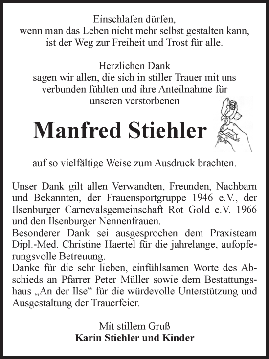 Traueranzeige von Manfred Stiehler von Volksstimme Wernigerode