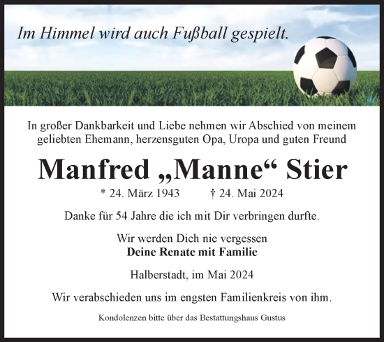 Traueranzeige von Manfred Stier von Volksstimme Halberstadt