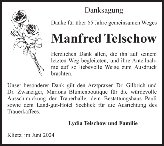Traueranzeige von Manfred Telschow von Volksstimme Altmark Ost