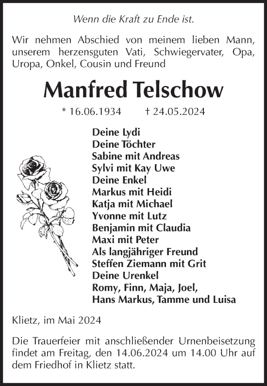 Traueranzeige von Manfred Telschow von Volksstimme Altmark Ost