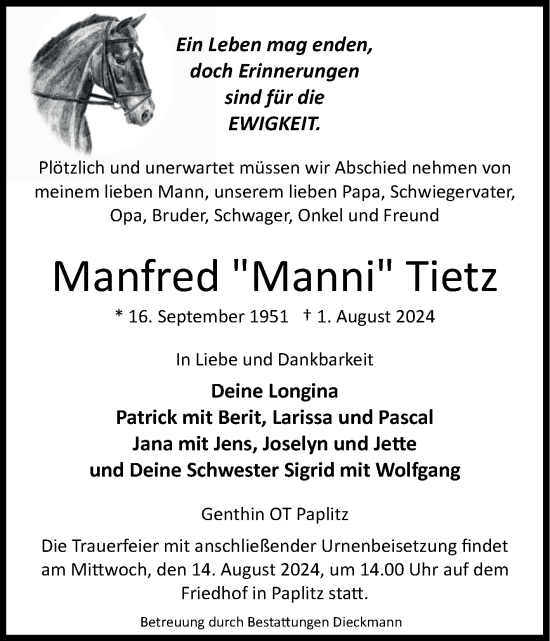 Traueranzeige von Manfred Tietz von Volksstimme Burg/Genthin