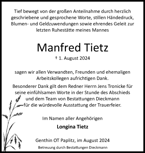Traueranzeige von Manfred Tietz von Volksstimme Burg/Genthin