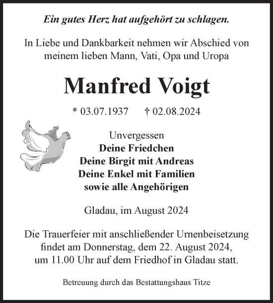 Traueranzeige von Manfred Voigt von Volksstimme Burg/Genthin