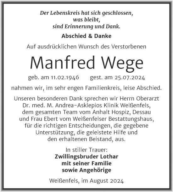 Traueranzeige von Manfred Wege von Trauerkombi Weißenfels