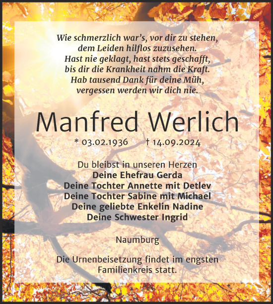 Traueranzeige von Manfred Werlich von Super Sonntag Naumburg/Nebra