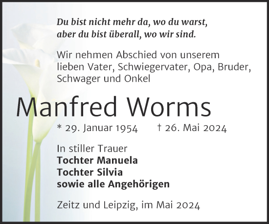 Traueranzeige von Manfred Worms von Trauerkombi Zeitz