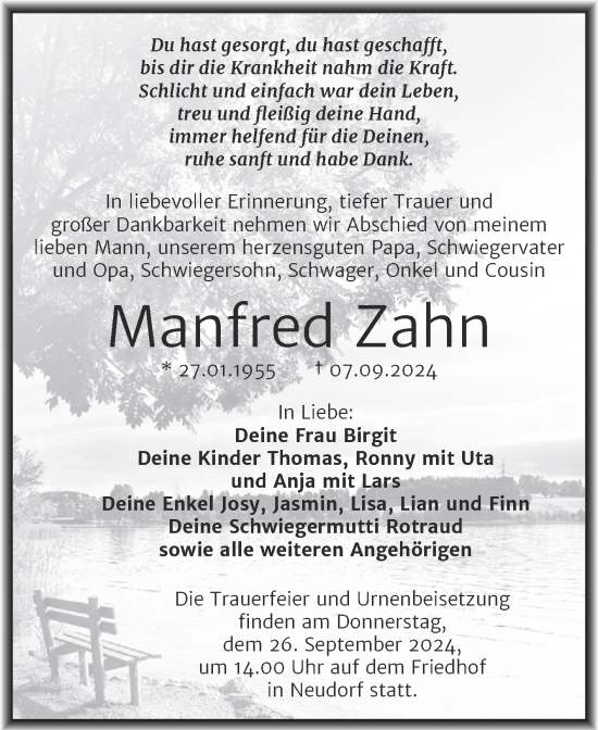 Traueranzeige von Manfred Zahn von Trauerkombi Mansfelder Land