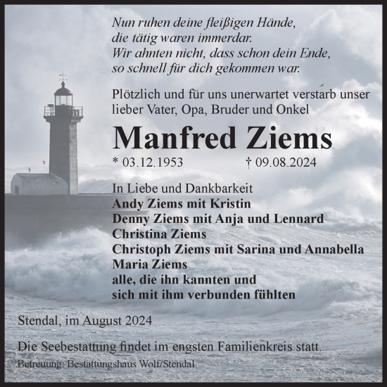 Traueranzeige von Manfred Ziems von Volksstimme Altmark Ost