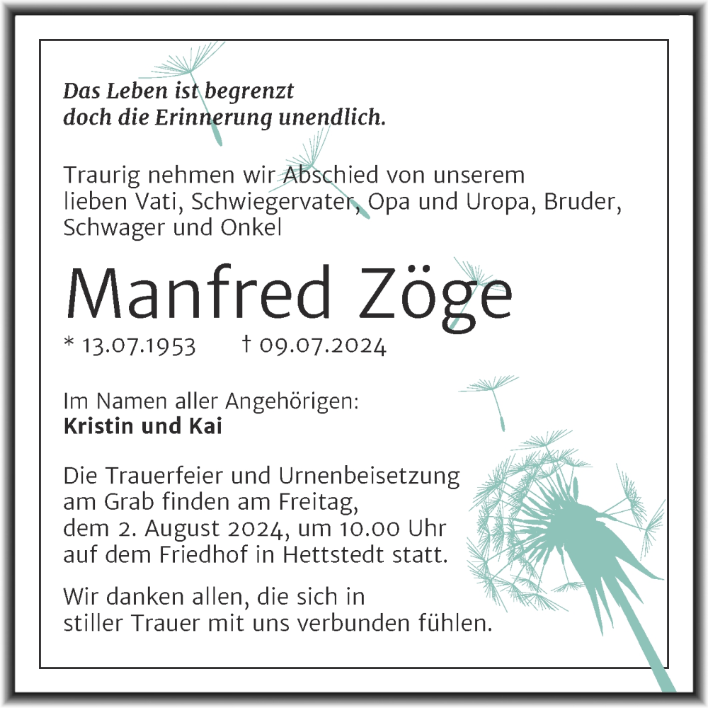  Traueranzeige für Manfred Zöge vom 19.07.2024 aus Trauerkombi Mansfelder Land