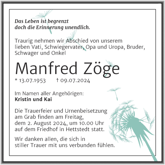 Traueranzeige von Manfred Zöge von Trauerkombi Mansfelder Land