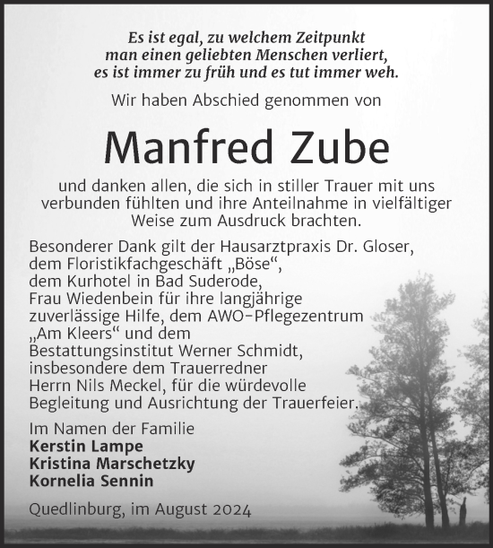 Traueranzeige von Manfred Zube von Trauerkombi Quedlinburg