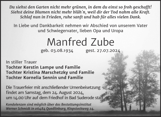 Traueranzeige von Manfred Zube von Trauerkombi Quedlinburg