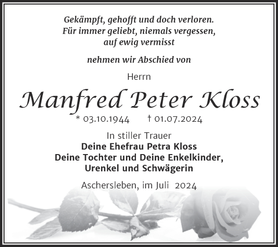 Traueranzeige von Manfred Peter Kloss von Trauerkombi Aschersleben