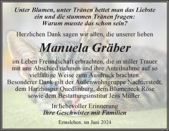 Traueranzeige von Manuela Gräber von Trauerkombi Quedlinburg