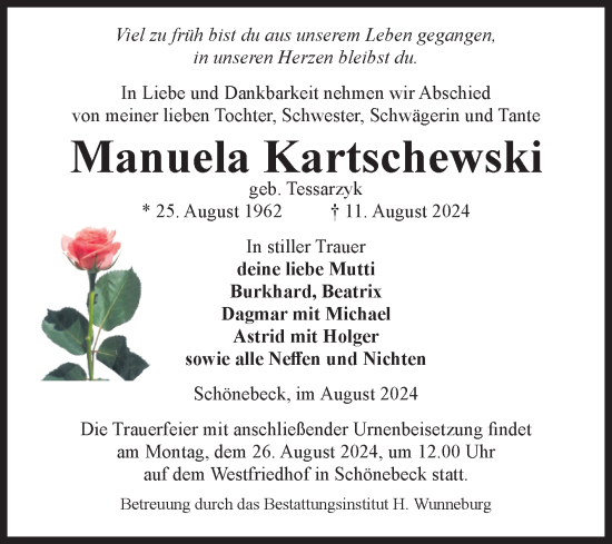 Traueranzeige von Manuela Kartschewski von Volksstimme Schönebeck