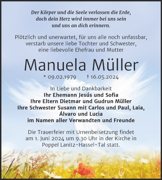 Traueranzeige von Manuela Müller von Naumburger Tageblatt