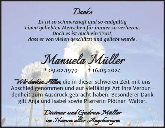 Traueranzeige von Manuela Müller von Naumburger Tageblatt