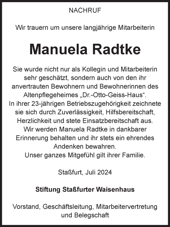 Traueranzeige von Manuela Radtke von Volksstimme Staßfurt
