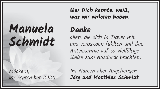 Traueranzeige von Manuela Schmidt von Volksstimme Burg/Genthin