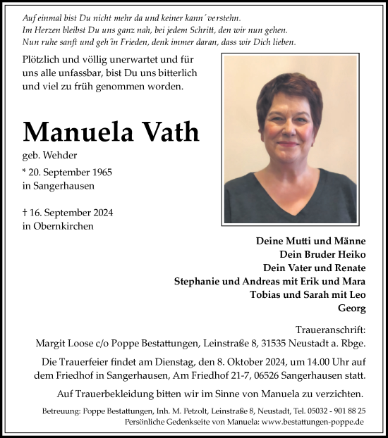 Traueranzeige von Manuela Vath von Trauerkombi Sangerhausen