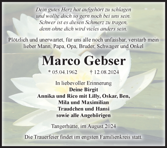 Traueranzeige von Marco Gebser von Volksstimme Altmark Ost