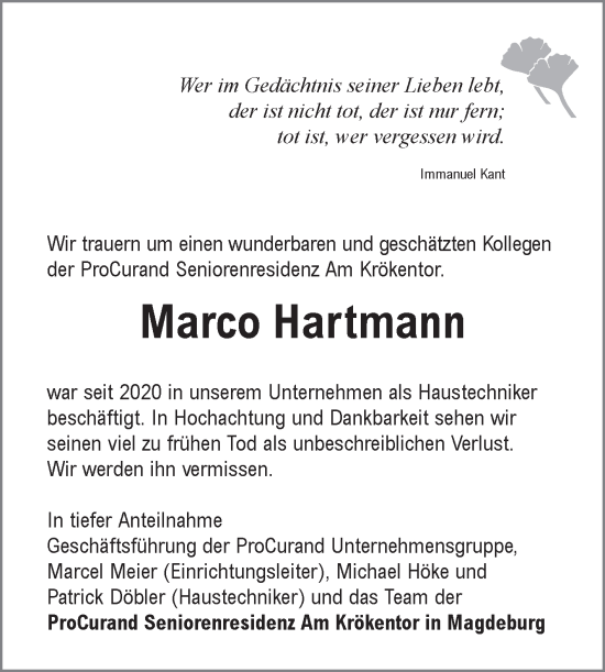 Traueranzeige von Marco Hartmann von Volksstimme Magdeburg