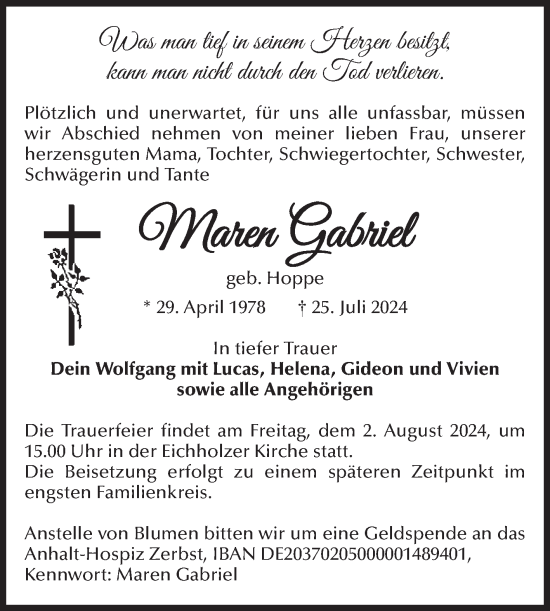 Traueranzeige von Maren Gabriel von Volksstimme Zerbst