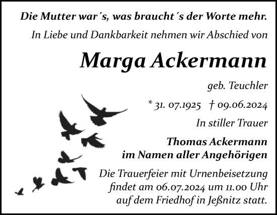 Traueranzeige von Marga Ackermann von Trauerkombi Bitterfeld