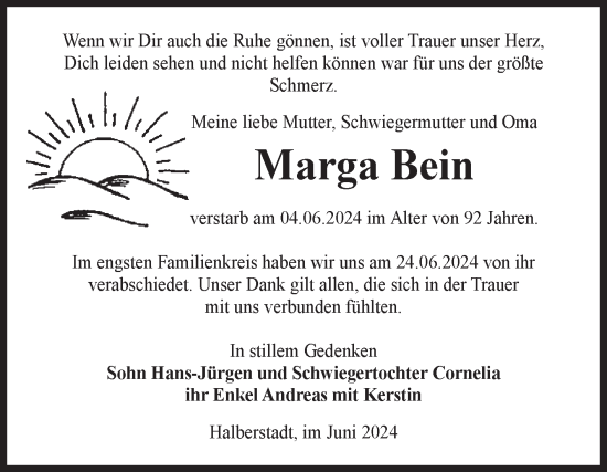 Traueranzeige von Marga Bein von Volksstimme Halberstadt