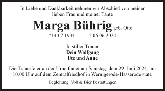 Traueranzeige von Marga Bührig von Volksstimme Wernigerode