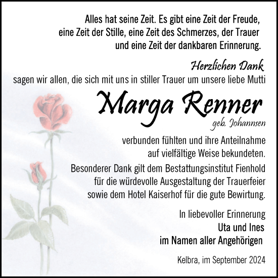 Traueranzeige von Marga Renner von Trauerkombi Sangerhausen