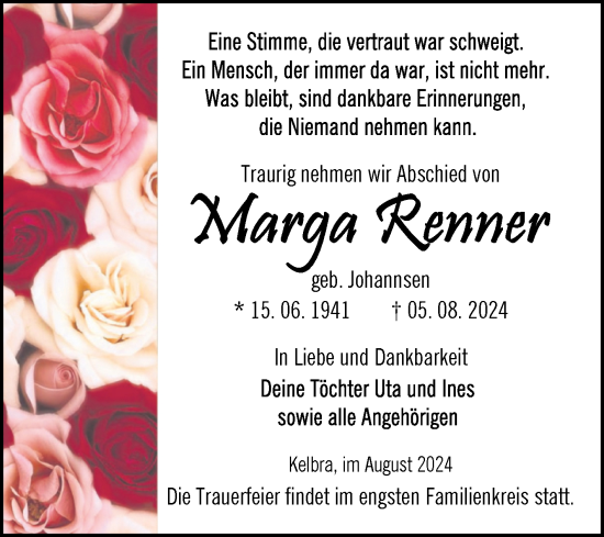 Traueranzeige von Marga Renner von Trauerkombi Sangerhausen