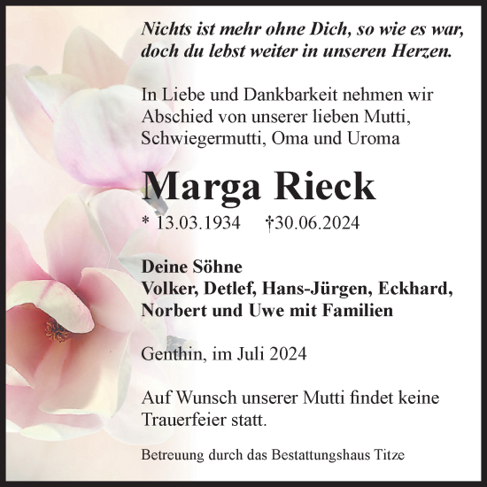 Traueranzeige von Marga Rieck von Volksstimme Burg/Genthin
